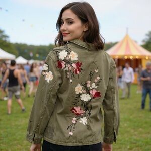 Topshop Khaki Jacket with Embroidery